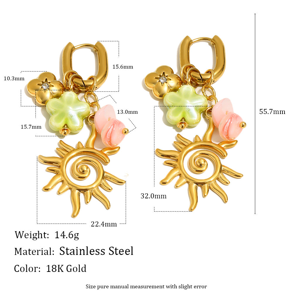 Vintage Luxury 18K Gold Plated Stainless Steel Geometric Flower Sun Tassel Earrings for Women