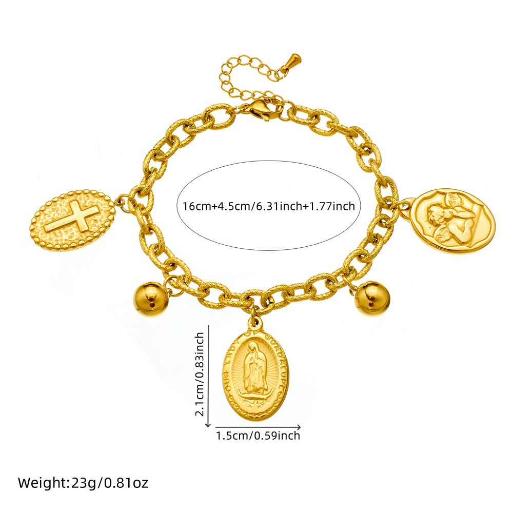 Vintage Oval Portrait Coin Pendant Necklace Set in Stainless Steel with Gold Plating for Women