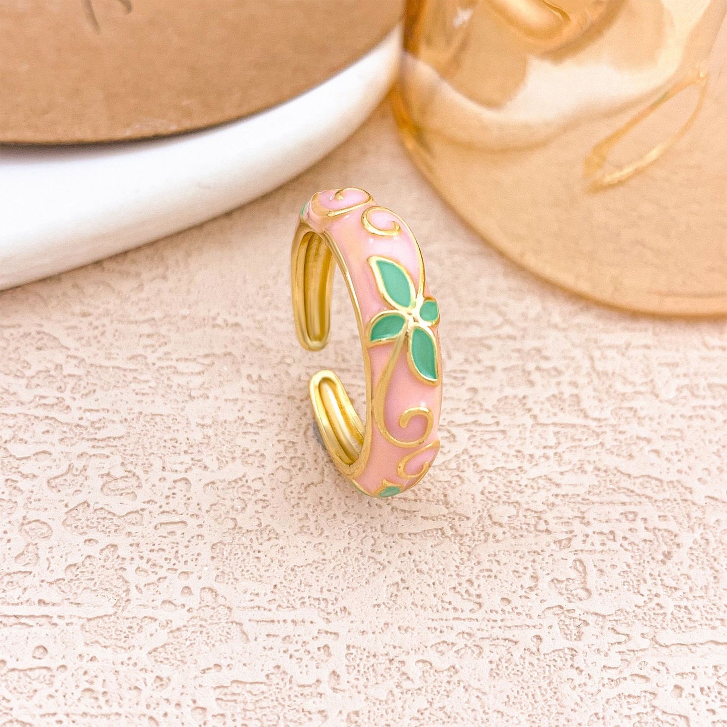 Luxury Elegant Floral Enamel Drip Oil Plated Alloy Round Ring for Women