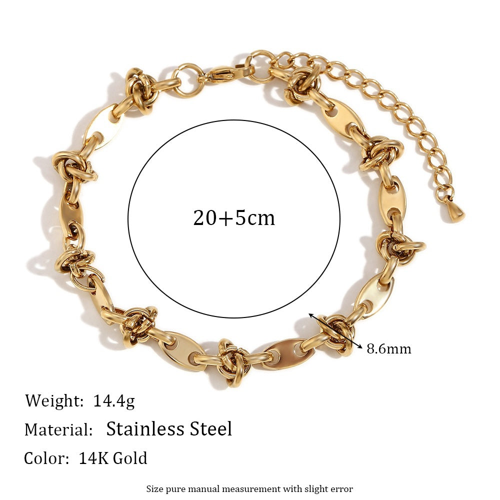 Minimalist Geometric Stainless Steel Plated 14K Gold Coffee Bean Knotted Handmade Anklet for Women