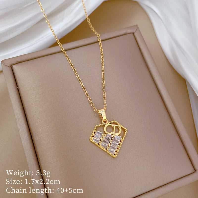 Collana da donna minimalista con intarsio di strass, in acciaio al titanio, con design geometrico