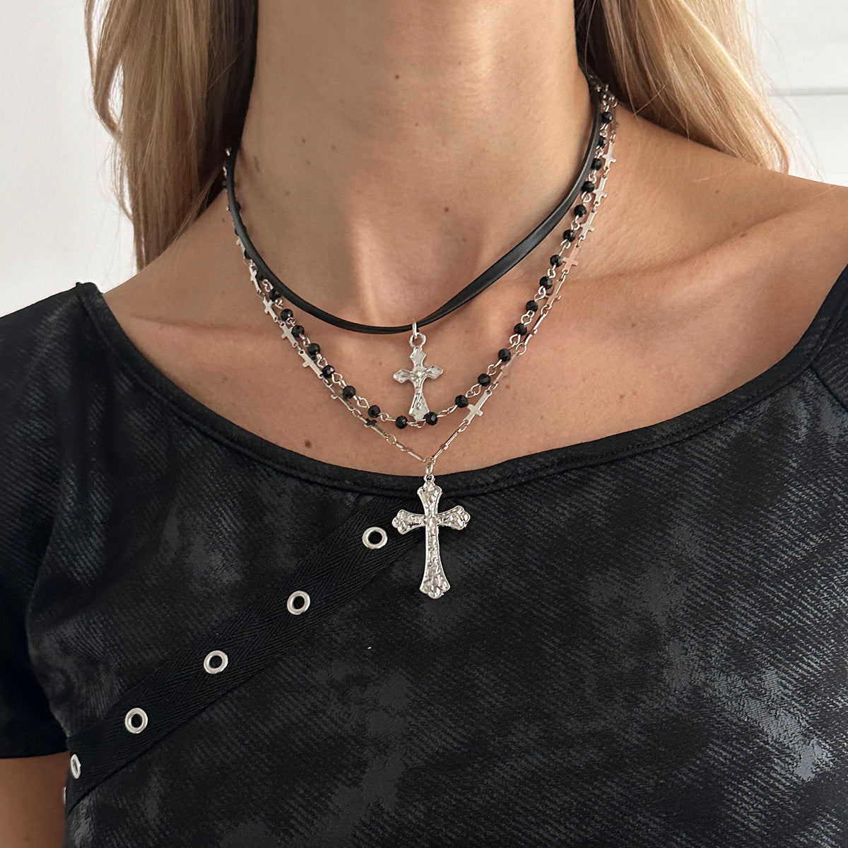 Sweet Punk Geometric Cross Pendant Plated Zinc Alloy Necklace with Tassel for Women