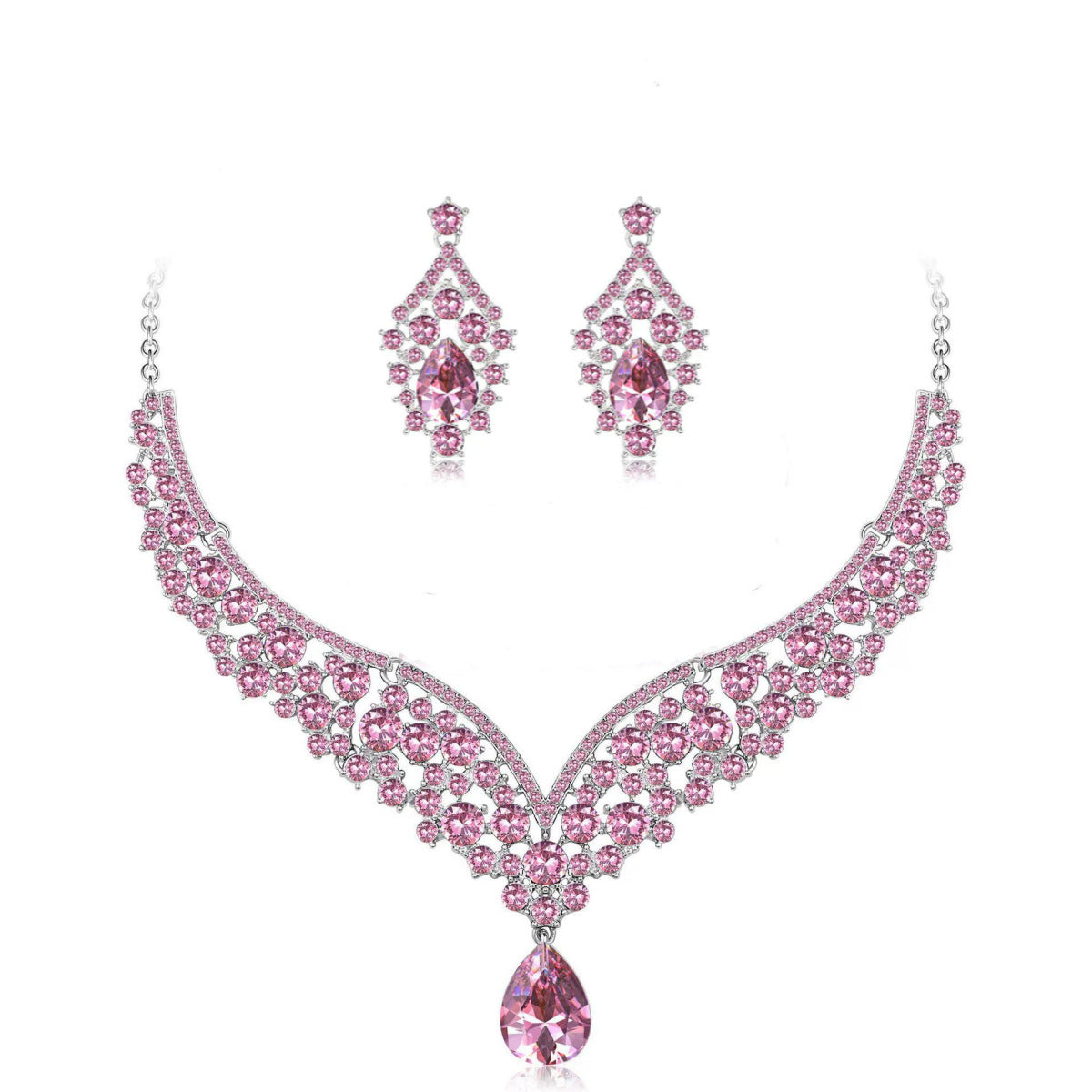 Elegant Heart and Teardrop Shaped Rhinestone Pendant Necklace Set with Electroplated O-Chain, Earrings and Bracelet for Women