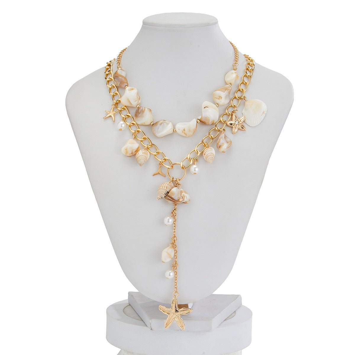 Beach Ocean Style Geometric Alloy Plated Necklace with Shell Pearl Elements for Women