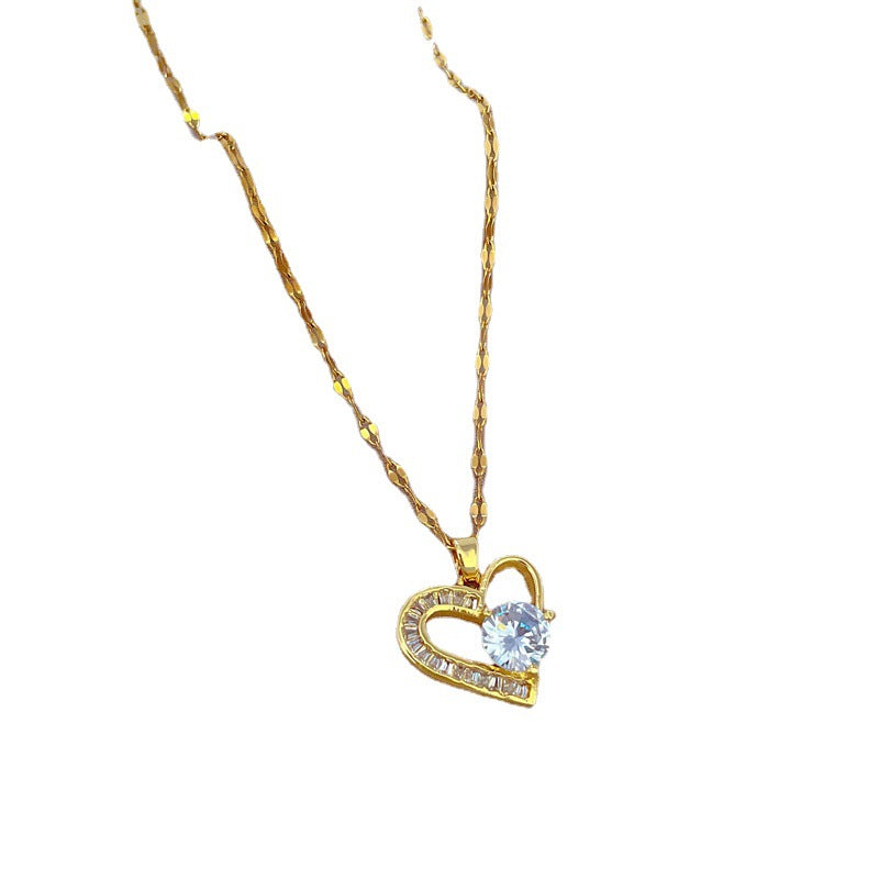 Luxury Titanium Steel Heart Chain Necklace for Women and Men with Rhinestone Inlay and Floral Accents