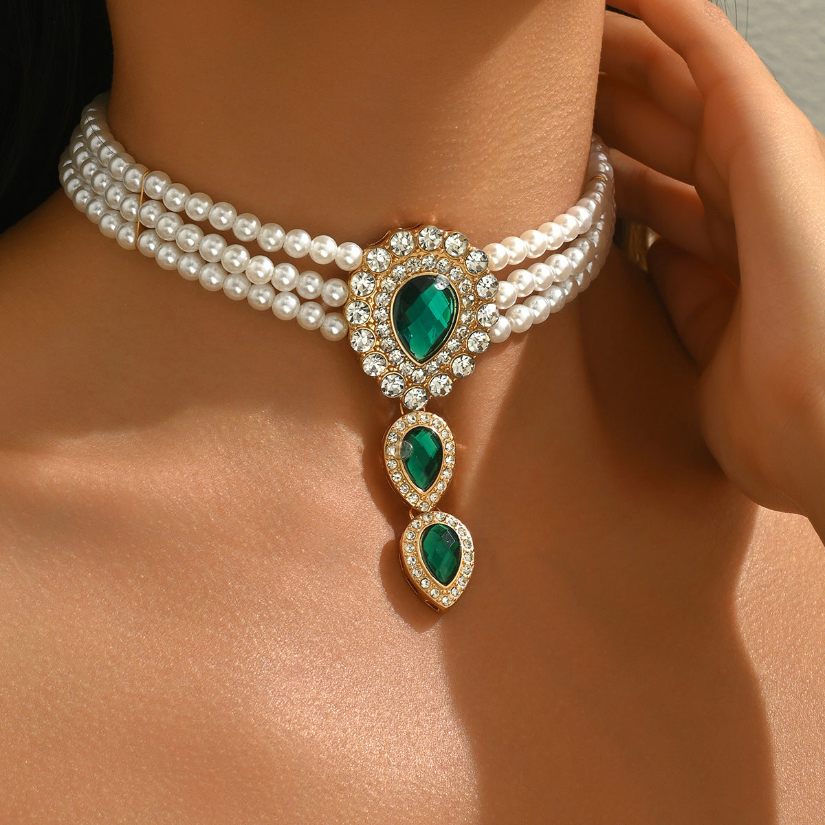 Collar largo geométrico de capas con cuentas para mujer, con colgante de aleación de zinc con incrustaciones de pedrería en cadena estándar