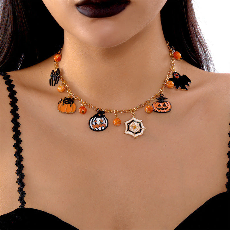 Collana girocollo con ciondolo gatto gotico e zucca scuri per Halloween, in lega placcata, gioielli unisex per costume