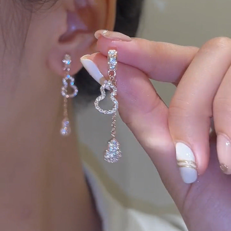 Elegant 925 Sterling Silver Post Micro-Inlaid Cubic Zirconia Gourd Tassel Drop Earrings for Women