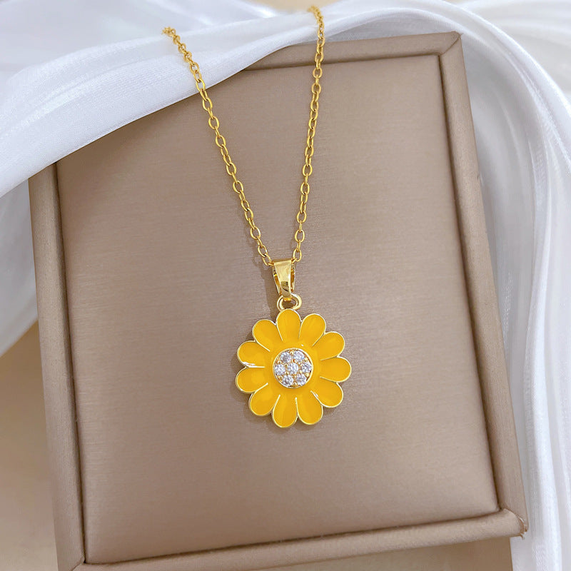 Sweet Elegant Drip Oil Plant Rhinestone Titanium Steel Necklace Set for Unisex