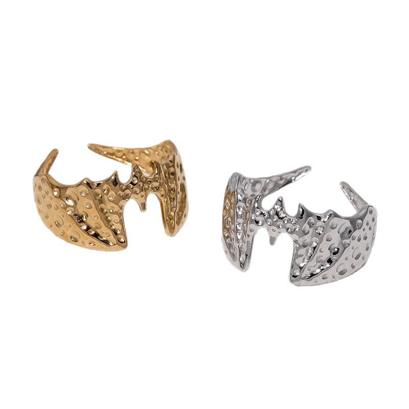 Anello da donna minimalista in acciaio inossidabile a forma di pipistrello con finitura placcata, accessorio di moda regolabile con fascia aperta