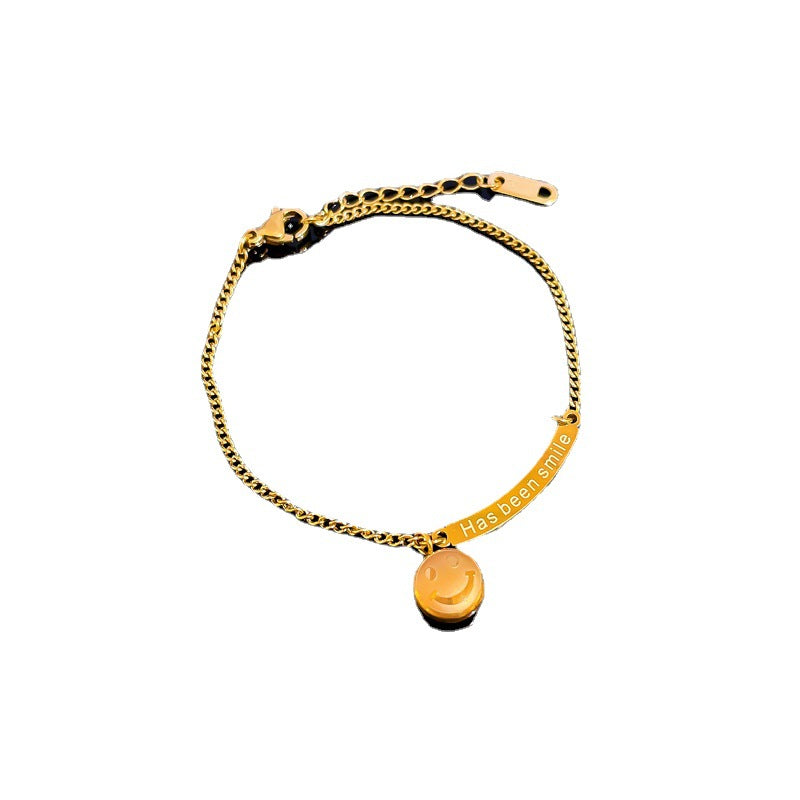Pulsera de cadena de cuentas con letras de cara sonriente de acero de titanio minimalista para mujer con baño de oro, amuleto de la suerte vintage