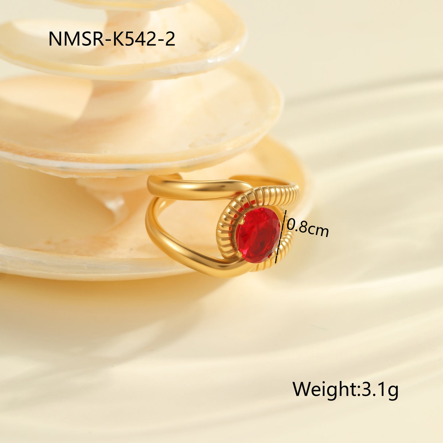 Anello da donna minimalista geometrico in acciaio al titanio con intarsio in zircone rosso regolabile a fascia aperta