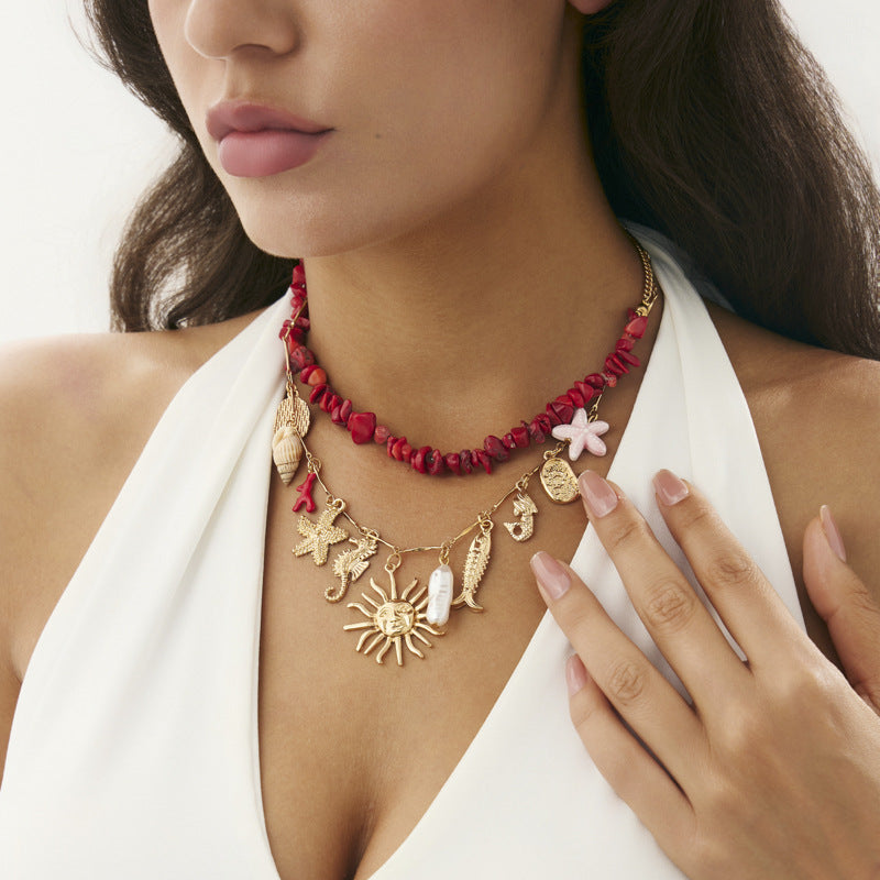 Bohemian Floral Starfish Alloy Plated Pendant Necklace for Women