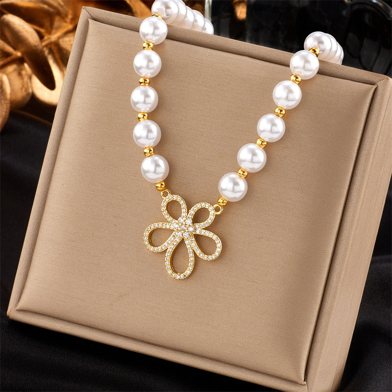 Vintage-Inspired Floral Pearl Necklace with Rhinestone Accents, Titanium Steel Plated, Handwoven Chain for Women