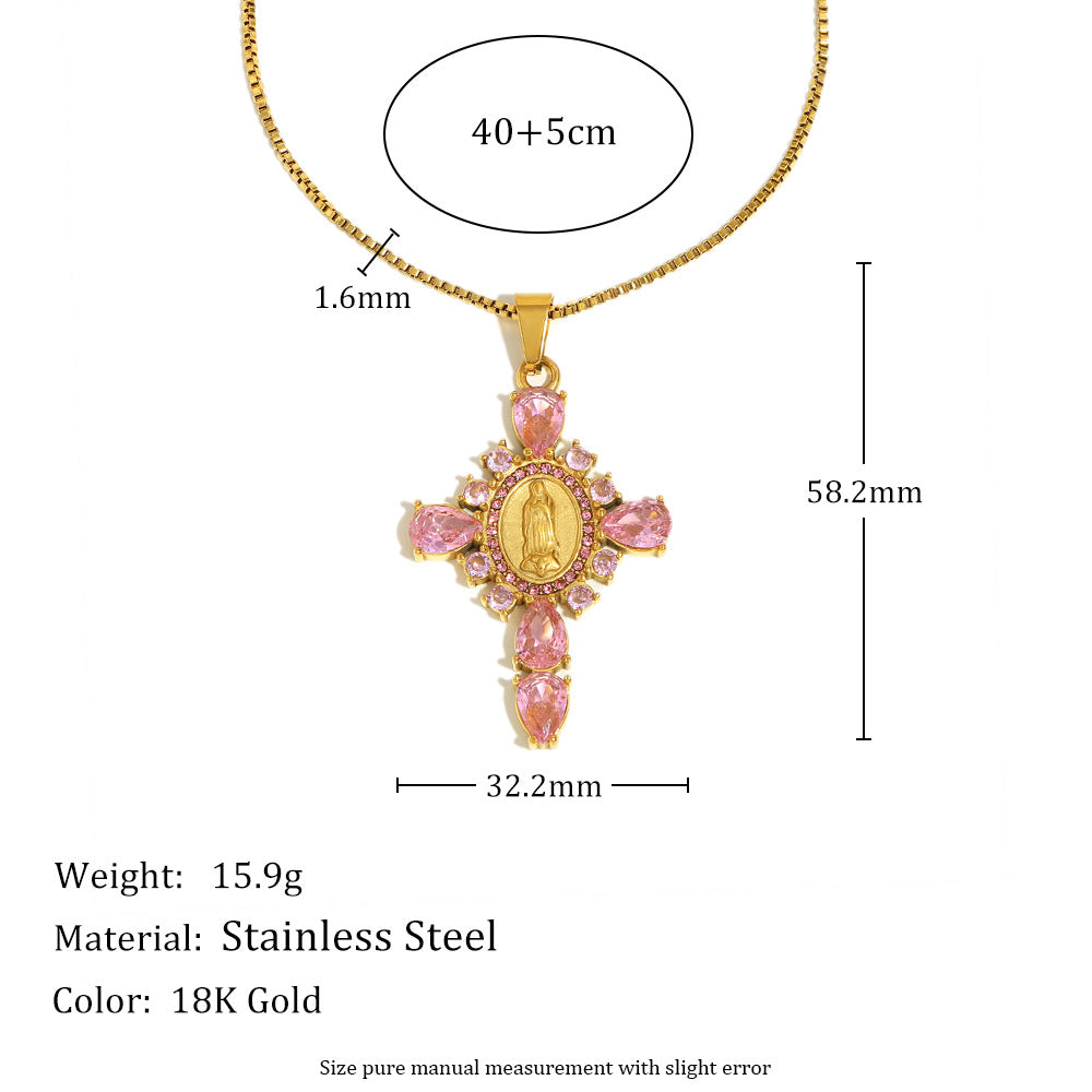 Fashionable OL Style Geometric Stainless Steel Pendant Necklace with 18K Gold Plating and Rhinestone-Inlaid Cross