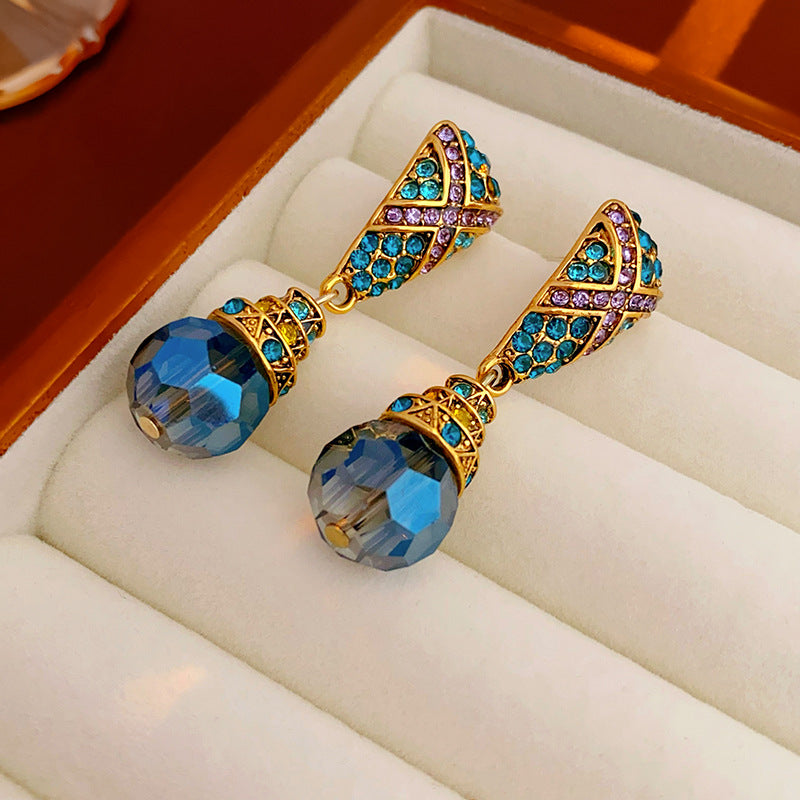 Vintage Geometric Blue Teardrop Earrings with Rhinestone Inlay in Alloy Base and Silver-Plated Steel Posts for Women