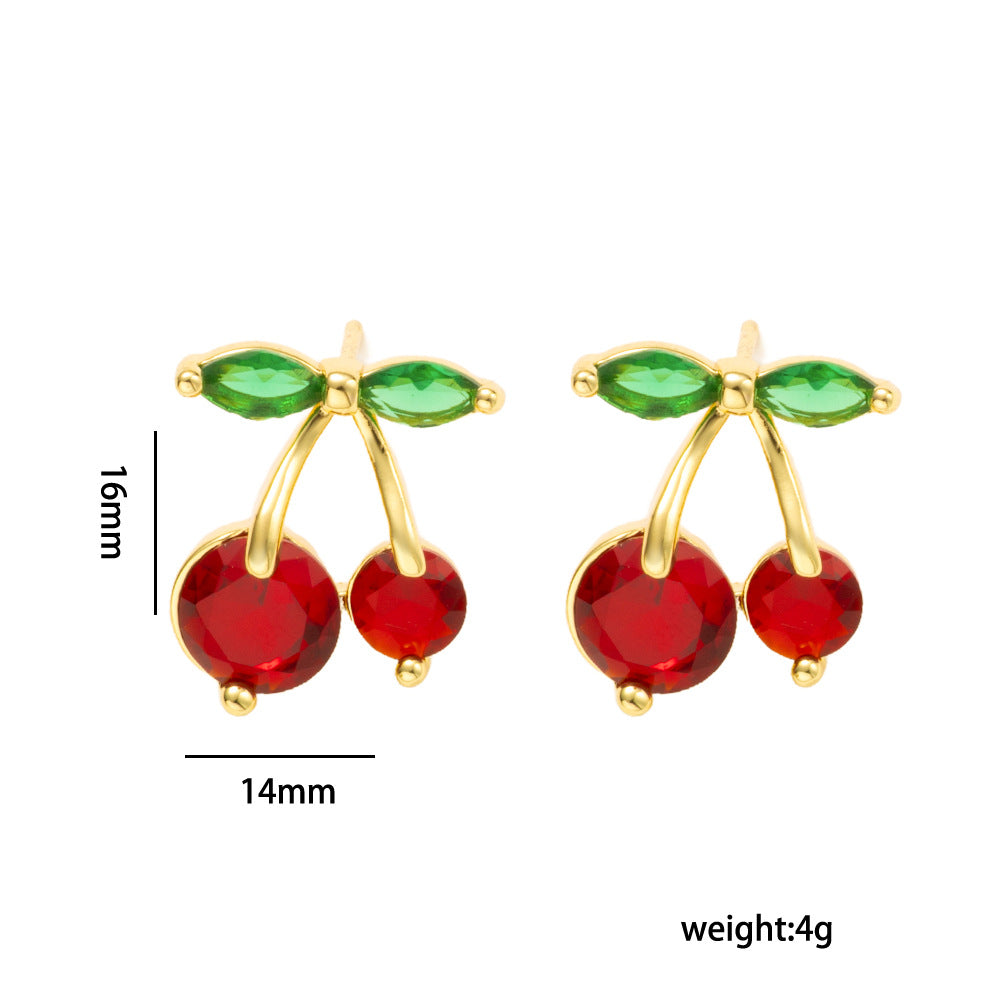 Luxury Cherry-Shaped Pendant Necklace Set for Women in Titanium Steel with Vacuum Plating and Mixed Gemstone Inlay