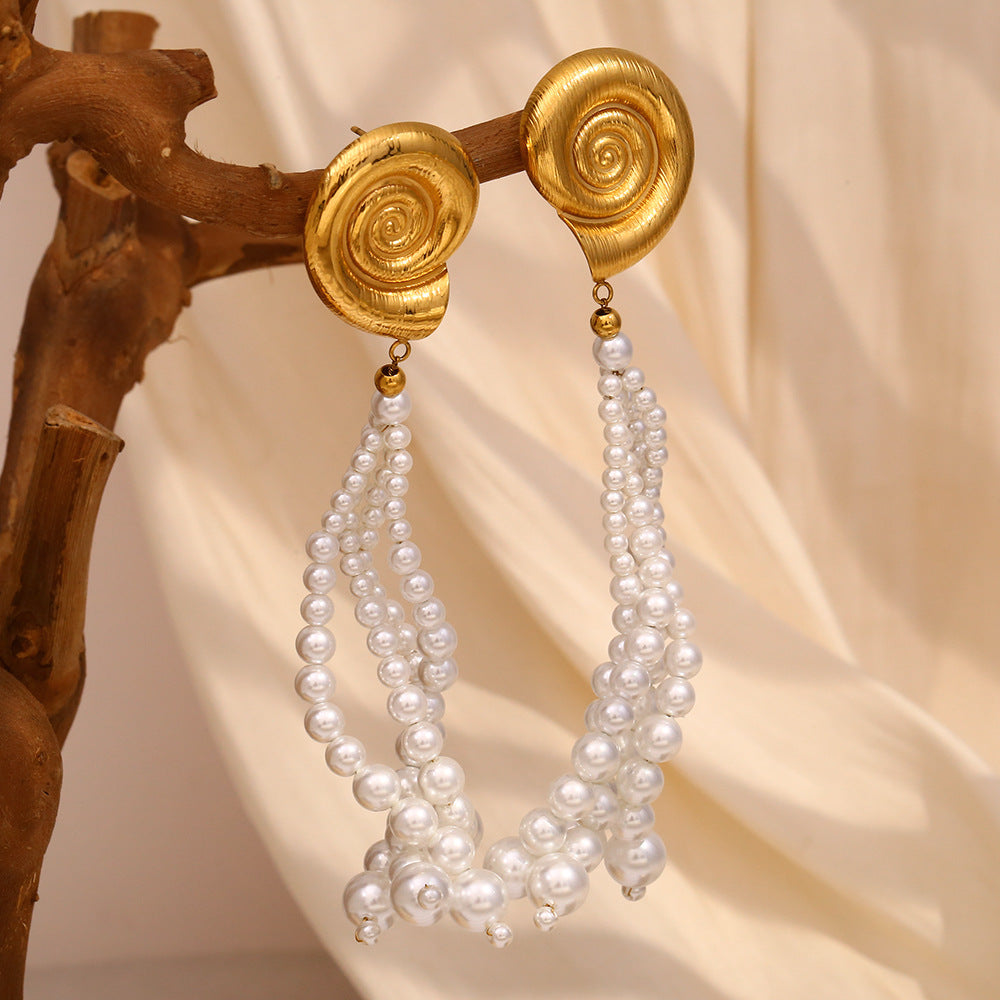 Fashion OL Geometric Stainless Steel 18K Gold Plated Imitation Pearl Tassel Shell Earrings for Women