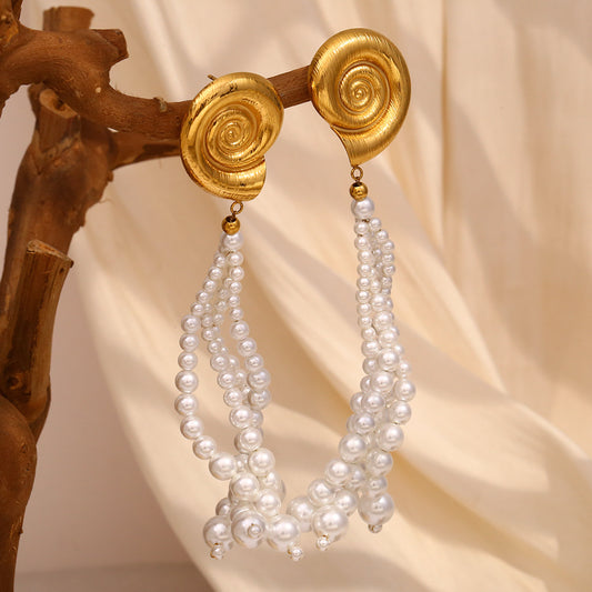 Fashion OL Geometric Stainless Steel 18K Gold Plated Imitation Pearl Tassel Shell Earrings for Women