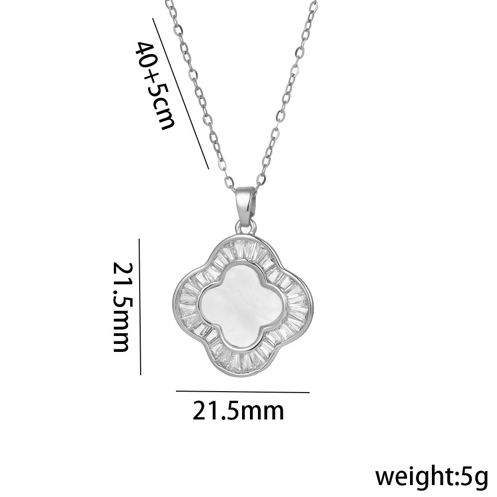 Collana a Trifoglio Minimalista in Acciaio al Titanio con Zircone e Pendente in Madreperla su Catena O per Donna