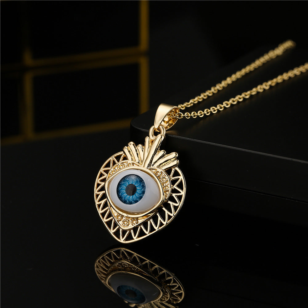 18K Gold Plated Brass Geometric Evil Eye Pendant Necklace with Cubic Zirconia Inlay on Cable Chain