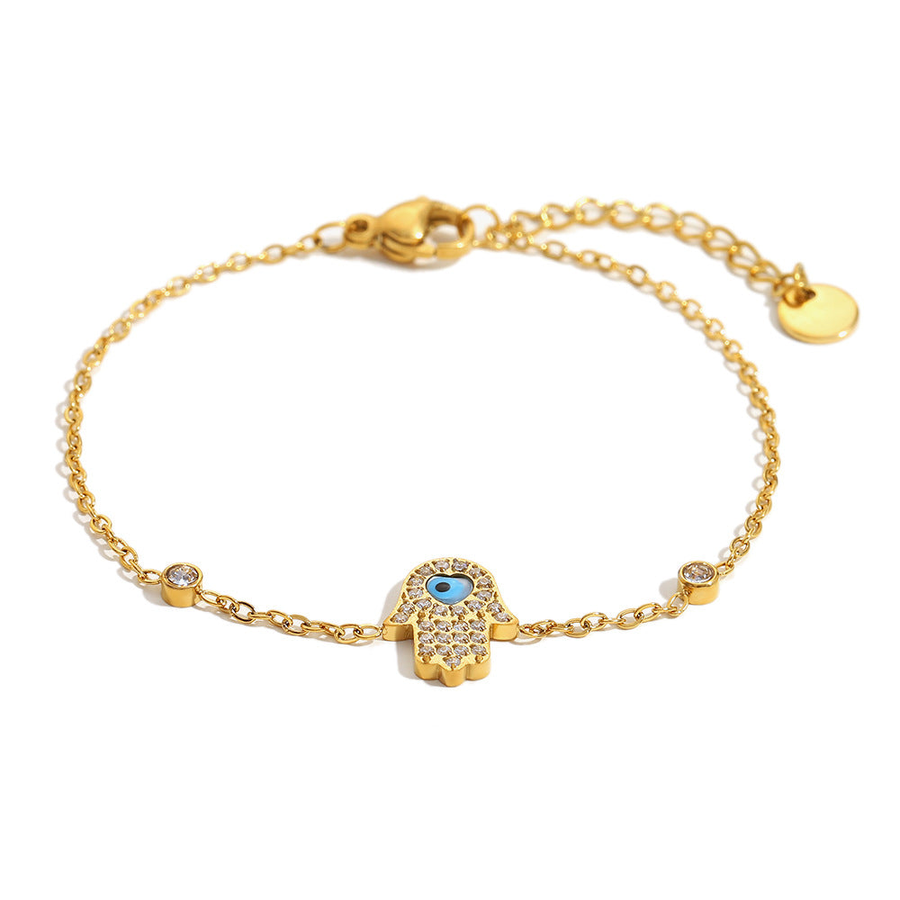 Vintage French-Inspired Geometric Stainless Steel 18K Gold Plated Full Rhinestone Palm Bracelet for Women