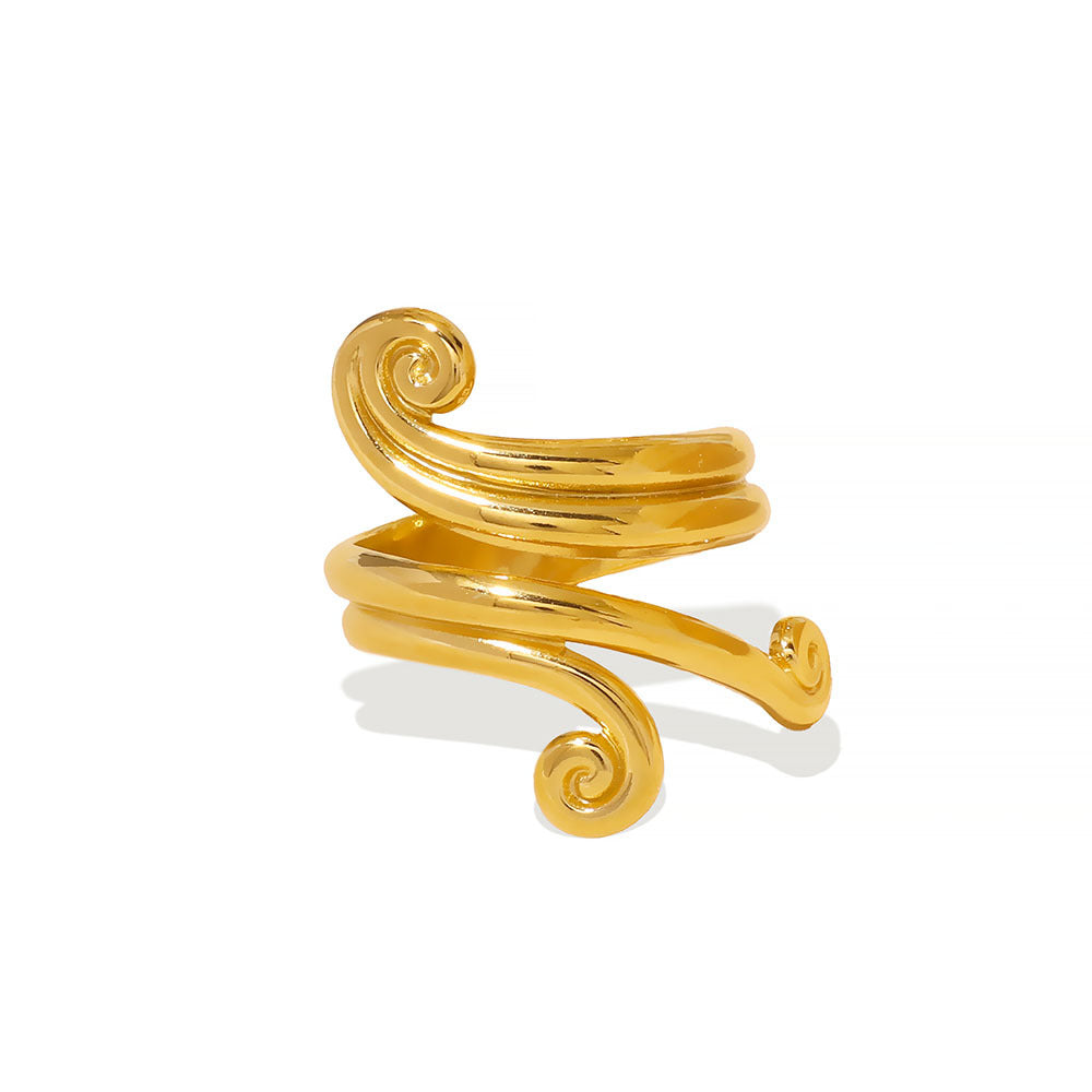Geometric Asymmetrical Open-End Stainless Steel Ring with Curved Line Design and Plated Finish