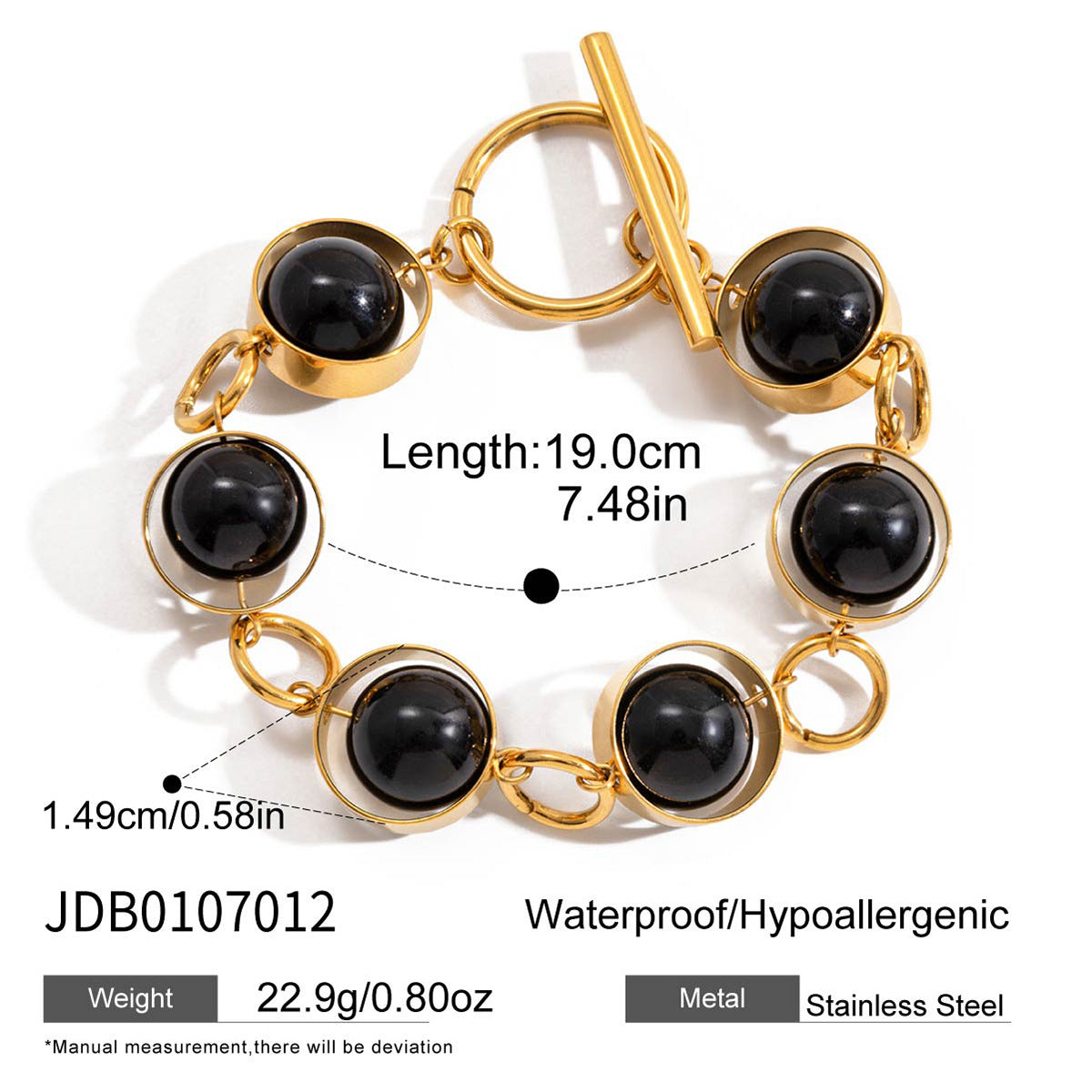 Bracciale minimalista geometrico girevole con chiusura a T in perline di vetro nero e acciaio al titanio con finitura placcata