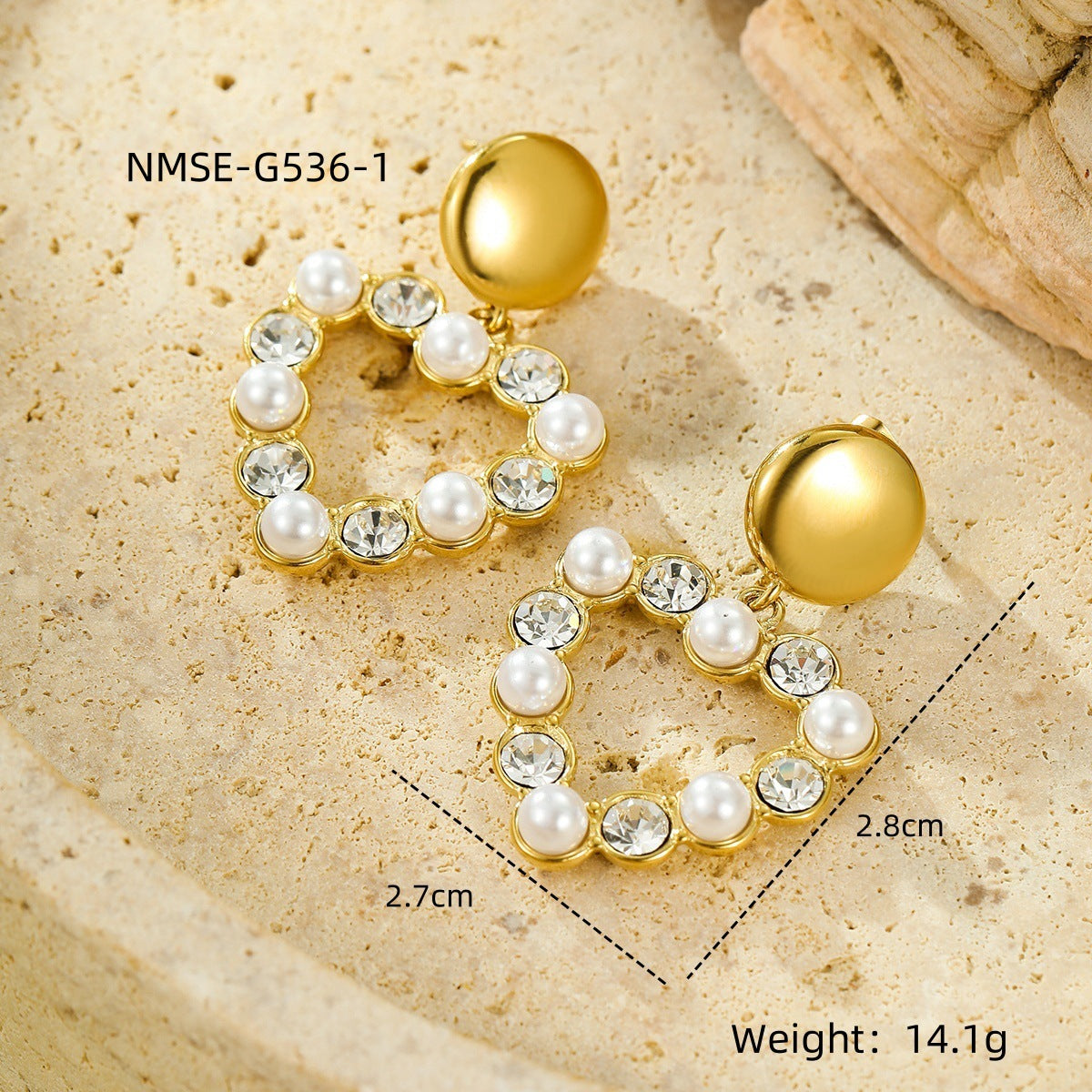 Orecchini a pendente a forma di cuore in acciaio inossidabile alla moda con intarsio di zirconi e perle, finitura placcata, eleganti gioielli per orecchie da donna