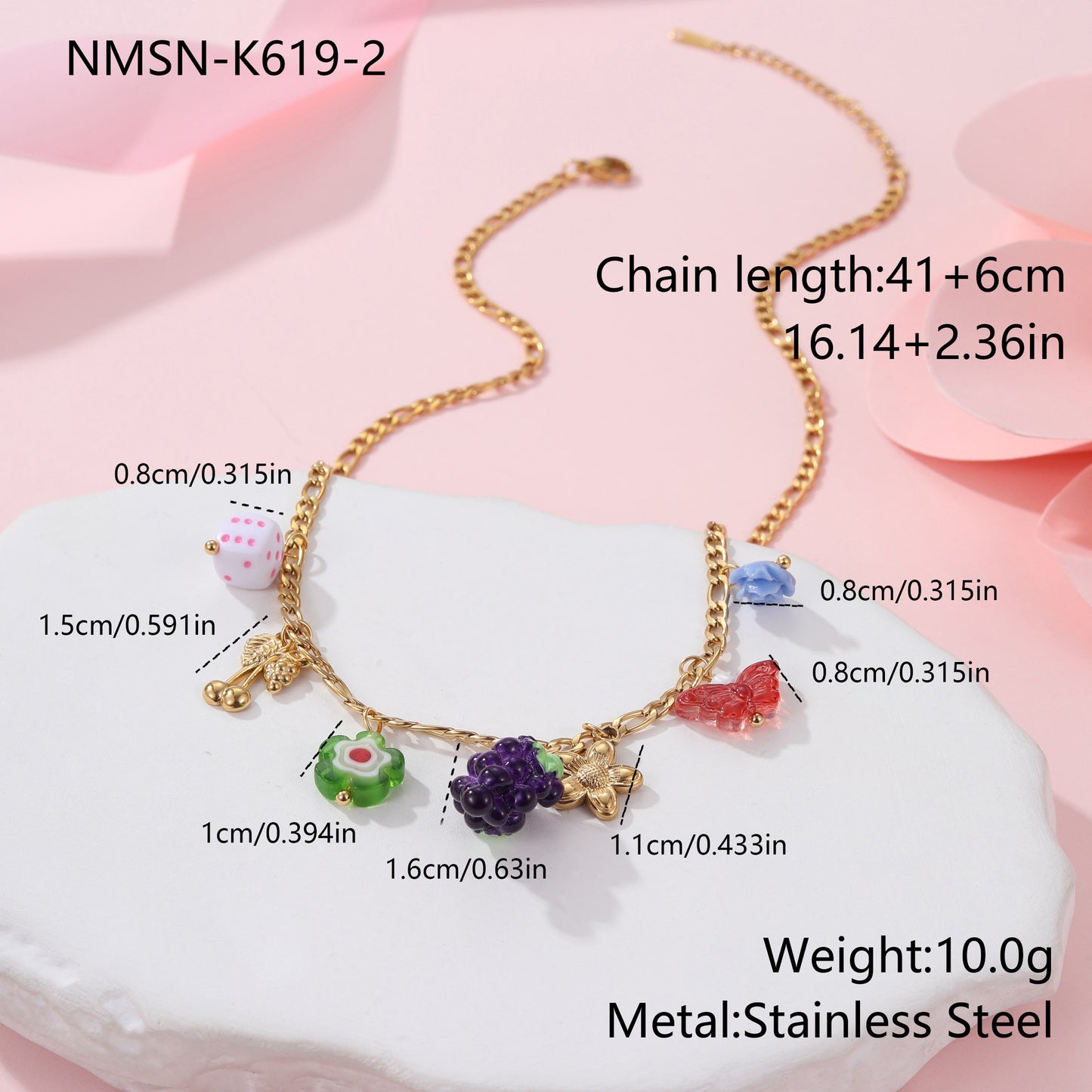 Collana con Pendente in Acciaio Inossidabile a Forma di Frutta alla Moda con Finitura Placcata per Donne, Catena con Ciondolo a Limone, Fragola e Uva