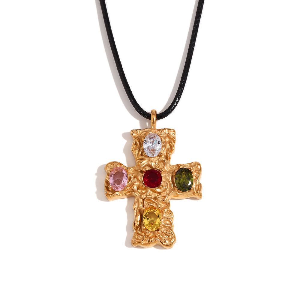 Vintage-Inspired Geometric Cross Pendant Necklace in Titanium Steel with 18K Gold Plating and Hammered Multicolor Texture on Black Cord