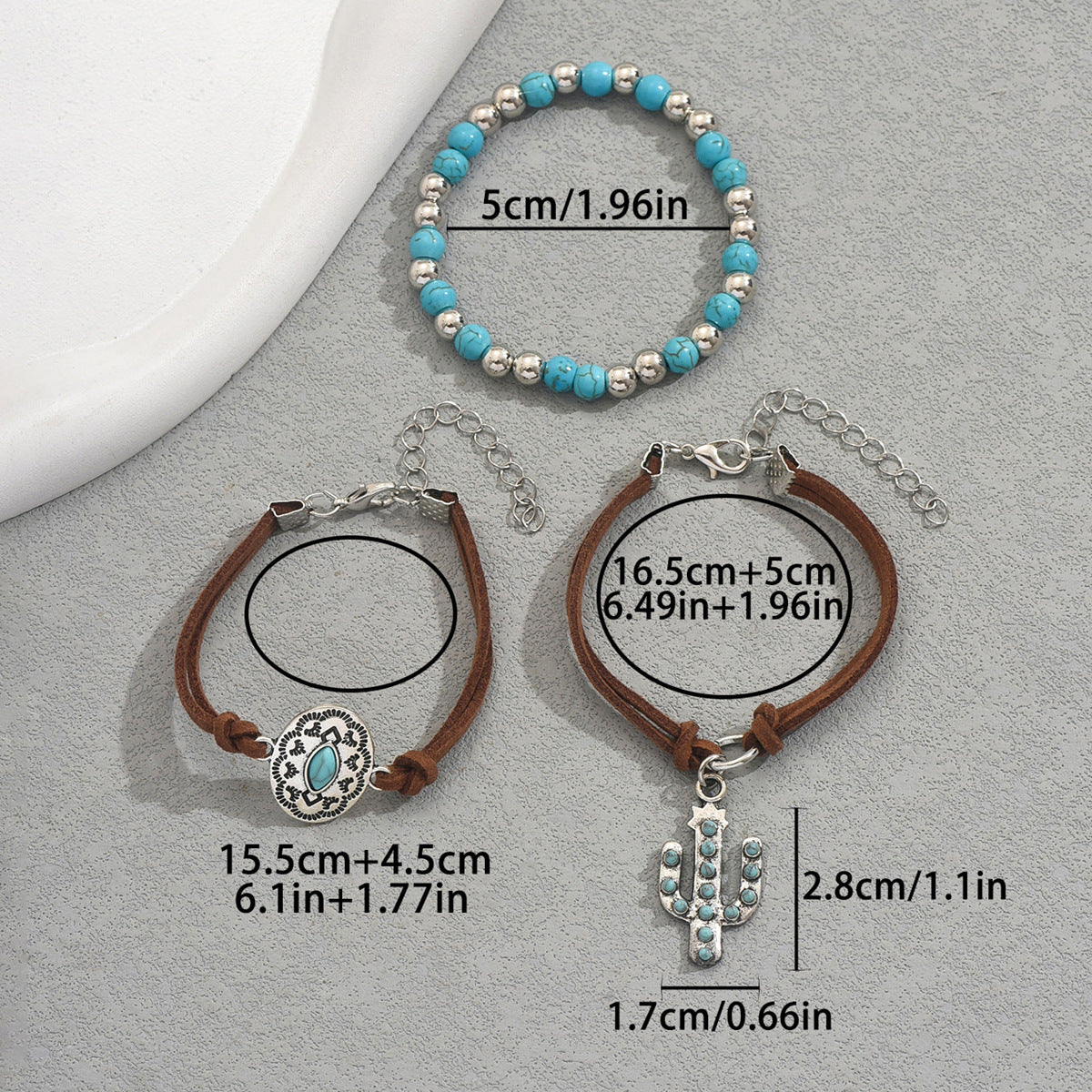 Vintage Cactus-Shaped Zinc Alloy Bracelet Set with Turquoise Inlay for Women