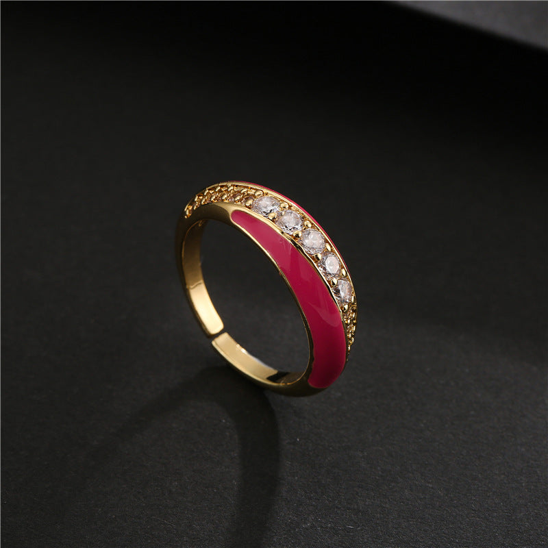 Fashion Geometric Drip Oil Brass Micro-Inlaid Cubic Zirconia Adjustable Open Ring for Women