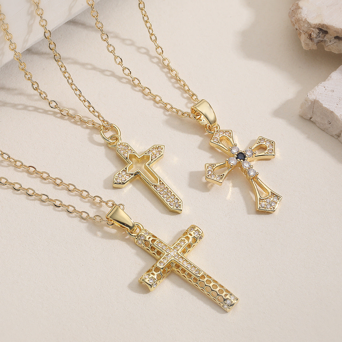 Minimalist 18K Gold Plated Brass Cubic Zirconia Cross Pendant Necklace for Women