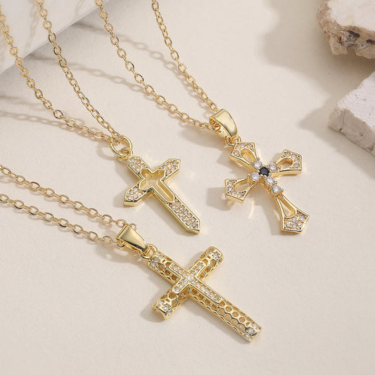 Minimalist 18K Gold Plated Brass Cubic Zirconia Cross Pendant Necklace for Women