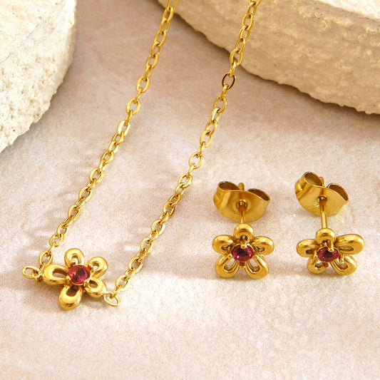 Vintage Elegant Floral Stainless Steel Gold Plated Cubic Zirconia Necklace and Earring Set