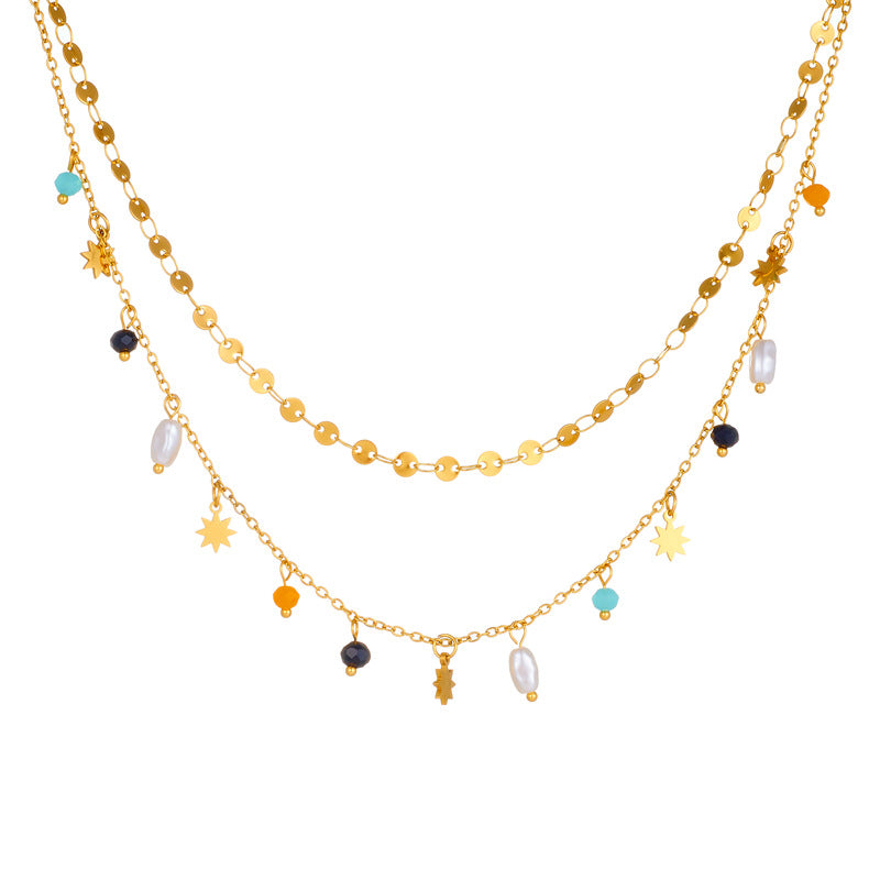 Collana Doppia Strati Impilabile con Ciondolo a Stella Geometrica e Perline Colorate Catena in Acciaio Inossidabile da Donna