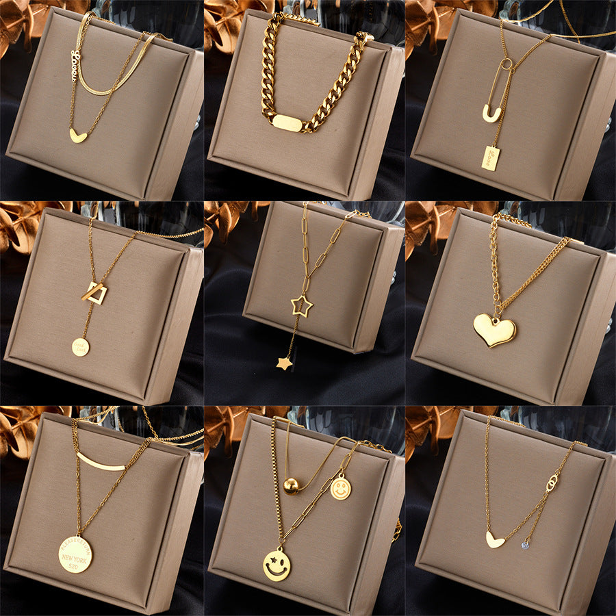 Fashionable Irregular Heart Square Smiley Pendant Necklace in Gold-Plated Titanium Steel for Women
