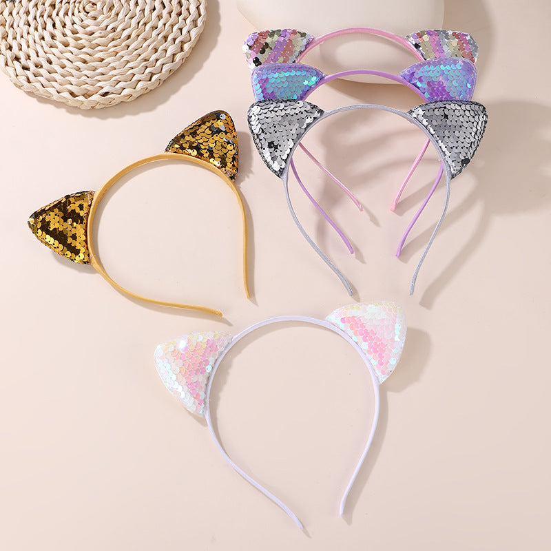 Fascia per capelli per bambini con orecchie da gatto, carina, con paillettes e design a squame di pesce, in tessuto con bordo in pizzo