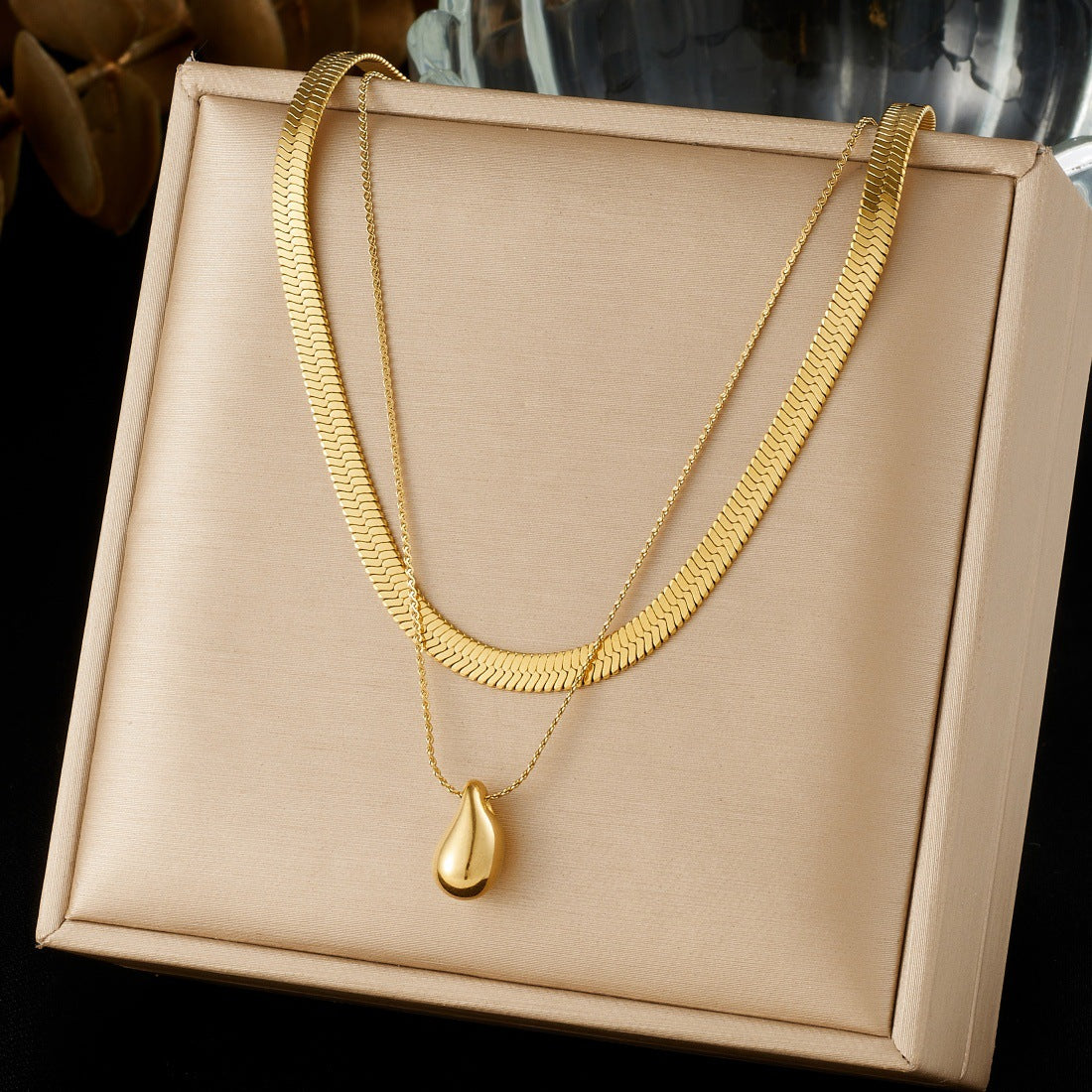 Double Layer Gold Plated Stainless Steel Snake Chain Necklace with Teardrop Pendant