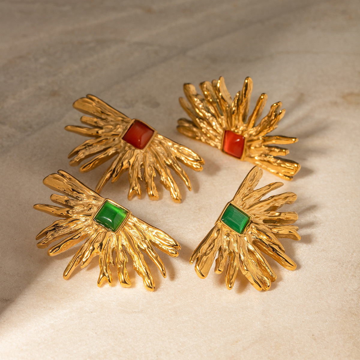 Unique Ins Style 18K Gold Plated Stainless Steel Red Cat's Eye Semi-Circle Sunflower Stud Earrings for Women