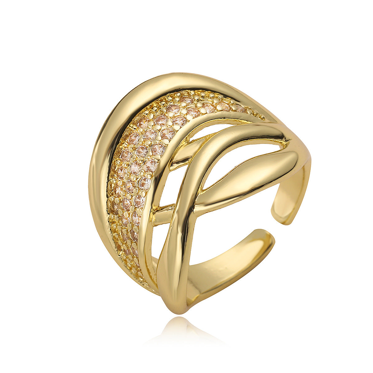 Anello aperto geometrico minimalista da donna in ottone con zirconi micro-pavé
