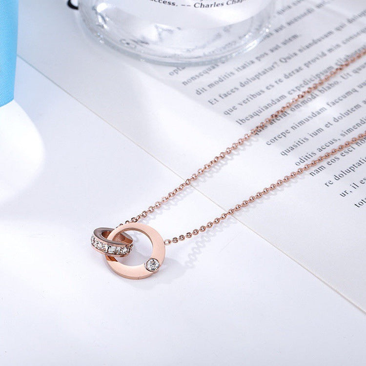 Minimalist Moon-Shaped Titanium Steel Double Ring Necklace for Women with Micro-Pavé Zirconia, Hypoallergenic Snake-Style O-Chain, Elegant Clavicle Chain