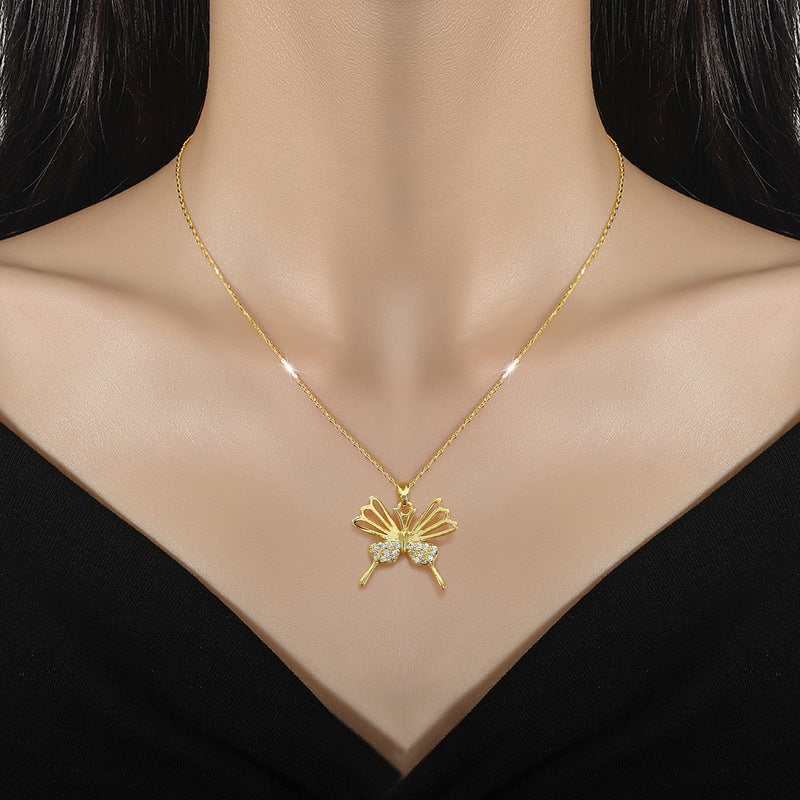 Minimalist Butterfly Pendant Necklace for Women and Men with Titanium Steel Chain, Hollow Design, Rhinestone Accented, Lightweight Locket Style