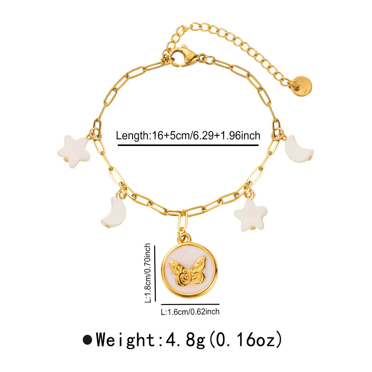Bracciale da donna vintage a forma di farfalla, stella e luna, in acciaio inossidabile con intarsi in conchiglia, galvanizzato, gioielli minimalisti per tutti i giorni