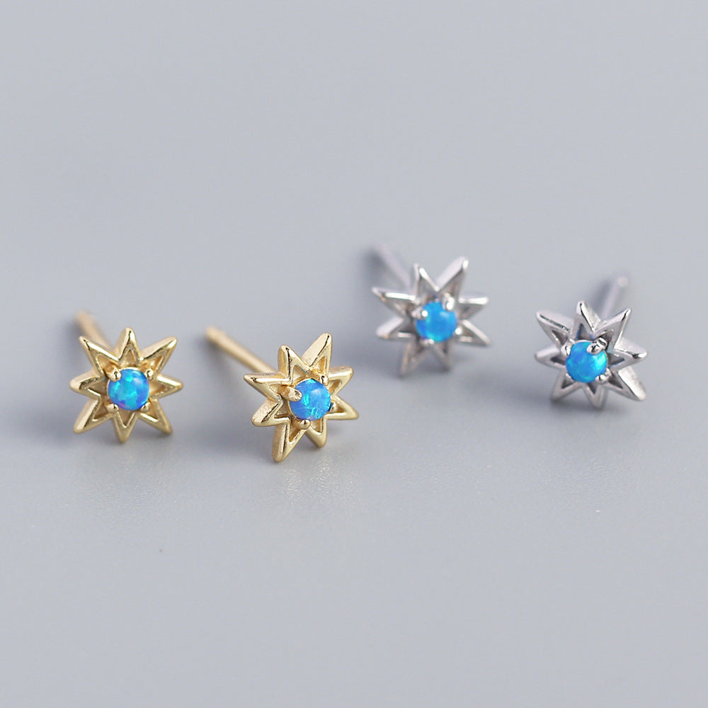 Sweet-Edgy Octagonal Star Shaped S925 Sterling Silver Opal Stud Earrings for Women