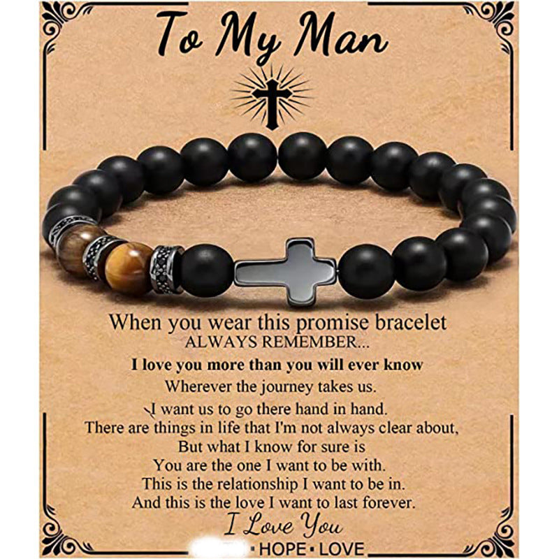 Minimalist Matte Black Beaded Bracelet with Small Cross Pendant Unisex Gift