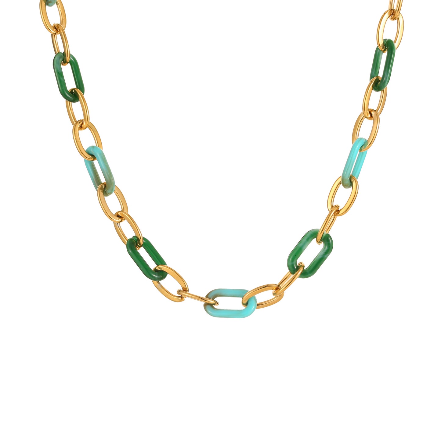 Collana da donna alla moda in acciaio inossidabile con elementi geometrici, inserti in resina e finitura placcata