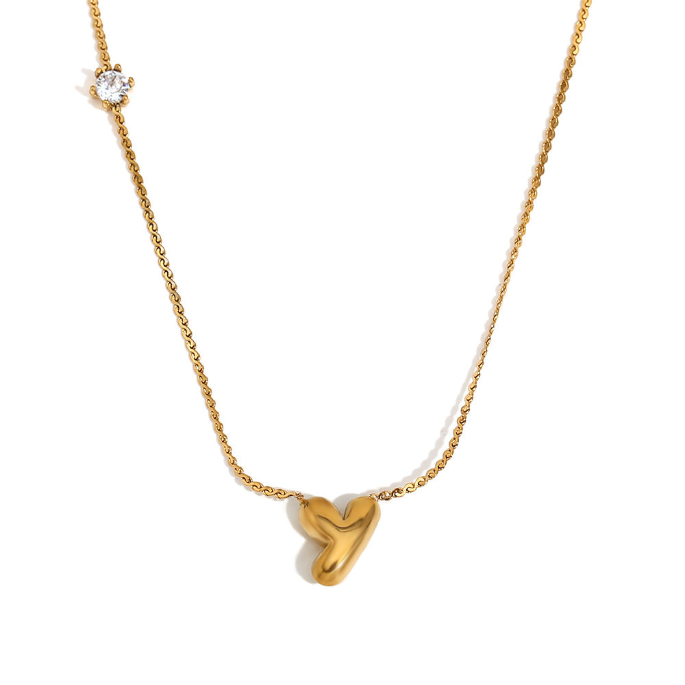 Minimalist Letter-Shaped Pendant Necklace for Women in Stainless Steel with 18K Gold Plating and Cubic Zirconia Accent on S-Link Chain