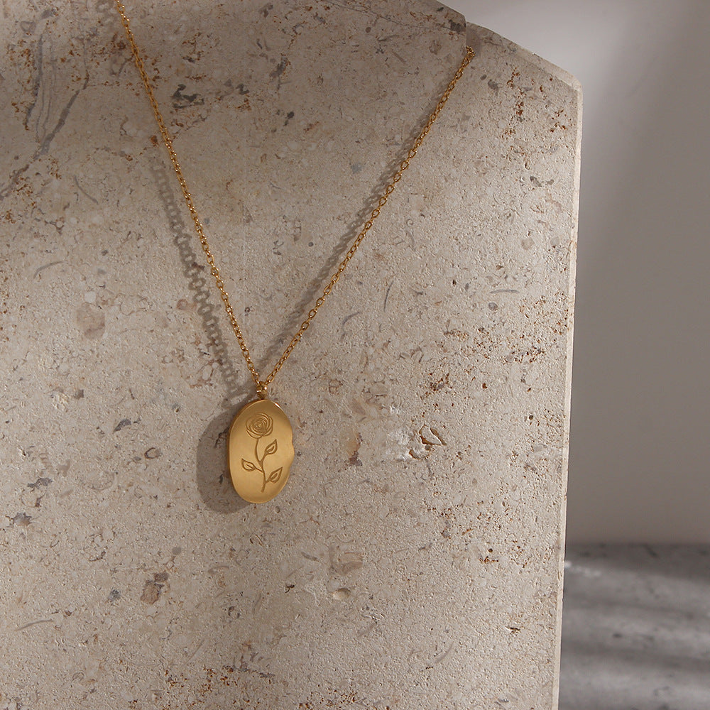 Abstract Irregular Oval Floral Pendant Necklace for Women in Stainless Steel with Electroplated Finish